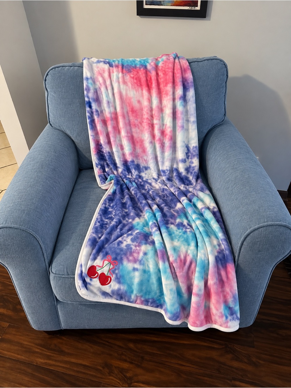 Tie-Dye Blanket soft pajama fabric embroidered Cherries - Blue/Purple
